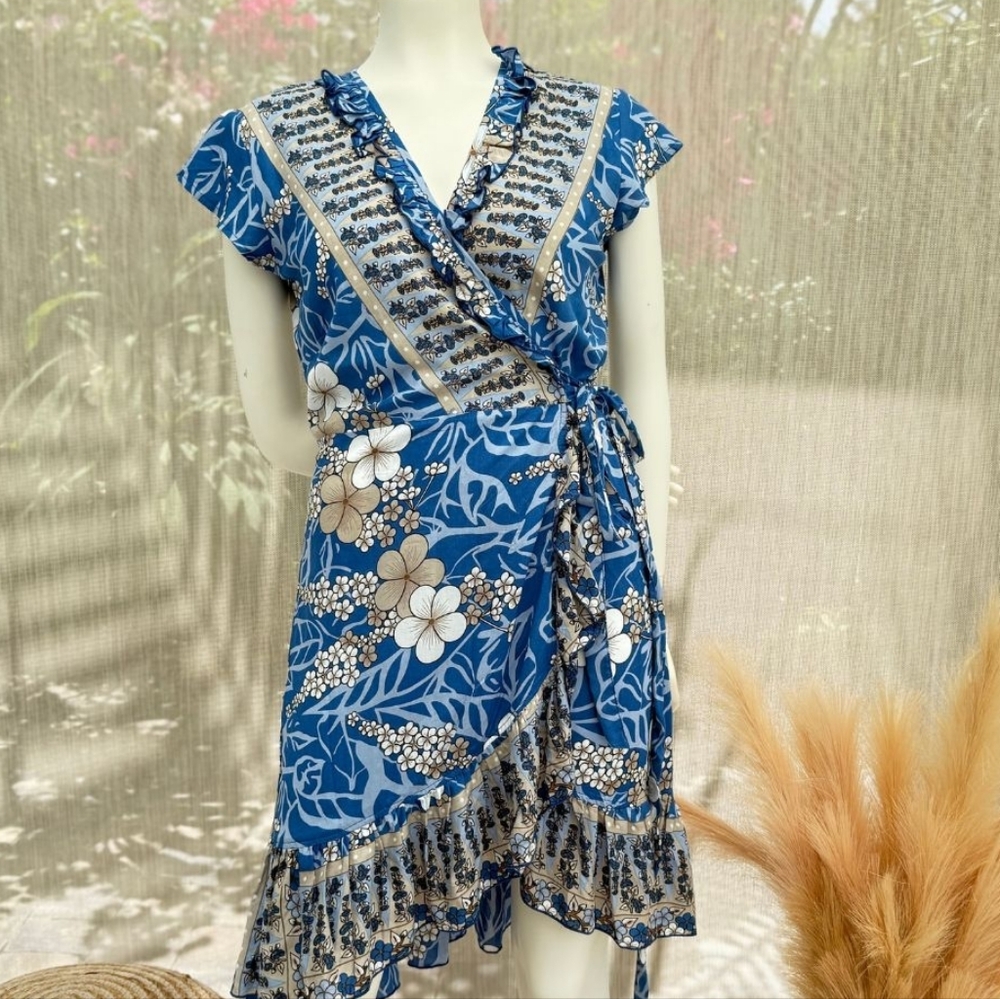 Floral Wrap Dress in Blue and Cream